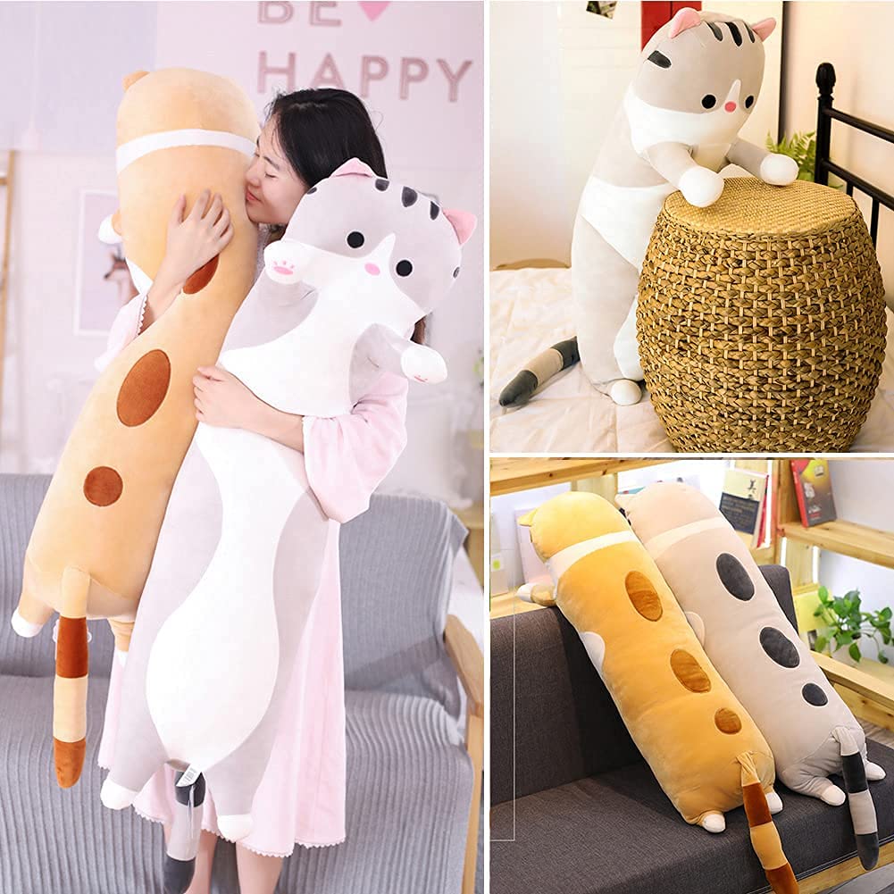 Oeonuas Cute Cat Plush Long Body Pillow Cuddle Cartoon Stuffed Animals Cat Plushie Soft Doll Pillows Gifts for Kids Girls (Orange, 27")
