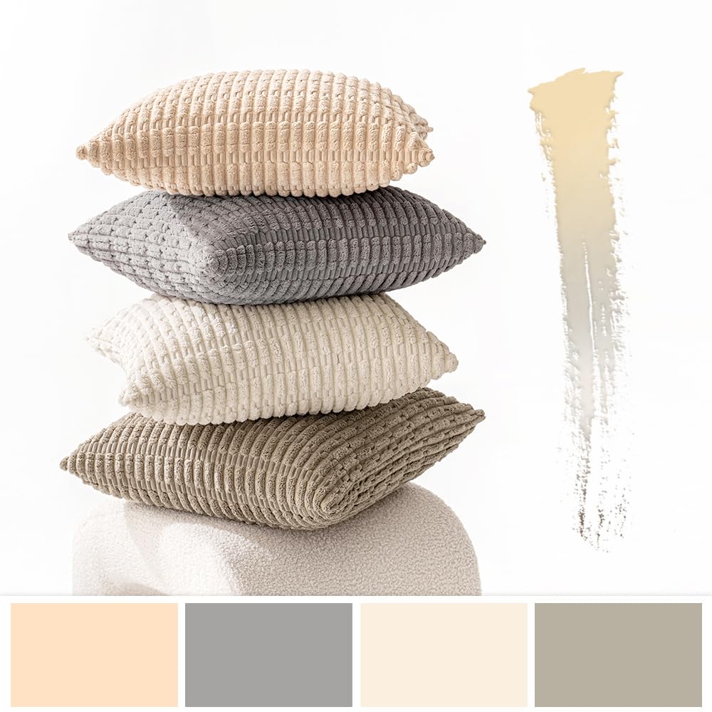 MIULEE Pack of 4 Neutral Corduroy Decorative Throw Pillow Covers 18x18 Inch for Summer Sofa Living Room Couch Bed Rustic Farmhouse Boho Soft Striped Pillow Covers Home Decor Beige and Brown