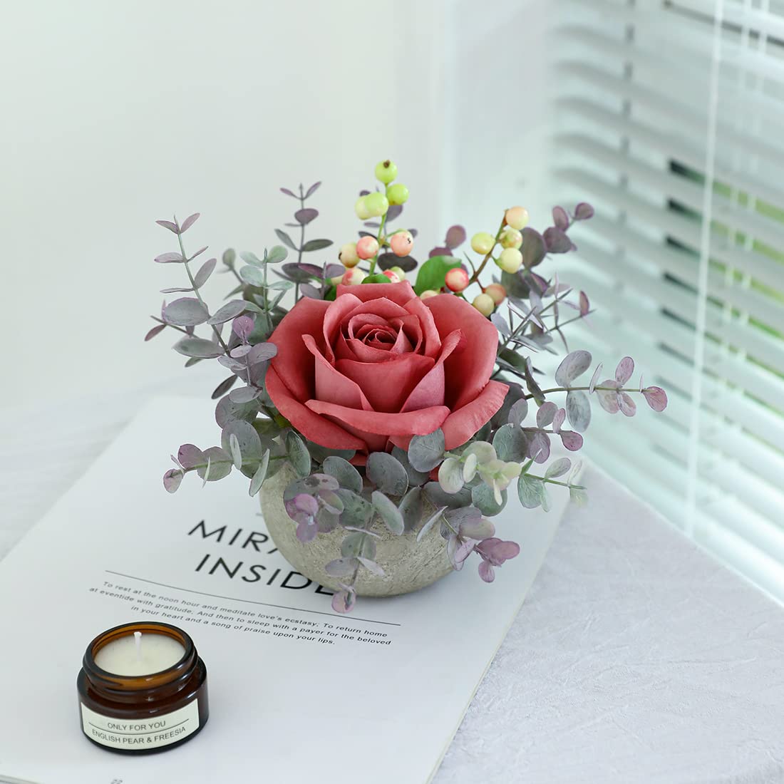 Rosscer Small Artificial Pink Rose Potted Plant, 6" Fake Silk Flowers in 3.5" Round Pot, Mini Faux Floral Arrangement for Desk Shelf Bathroom Decor