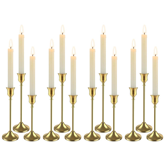 12 PCS (4 Sets) Brass Gold Taper Candlestick Holders - Vintage Metal Candle Sticks