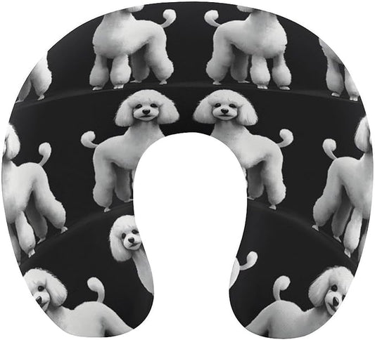 Breathable U-Shaped Neck Pillow Memory Foam Travel, Poodles in Grey and White U-Shape, Machine Washable Support Home Office