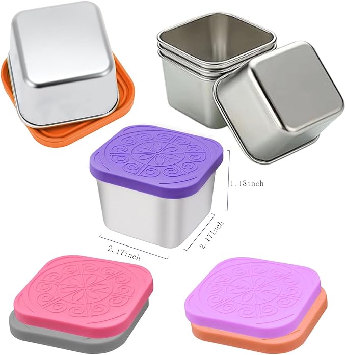 sagact 304 Premium Stainless Steel Snack Containers with Silicone Lids, Snackle Box Containers, Easy-Open Leak-Proof Kids for Taking Out for a Picnic, Lunch Box and Travel. (Red Orange Blue-3, 2 OZ)