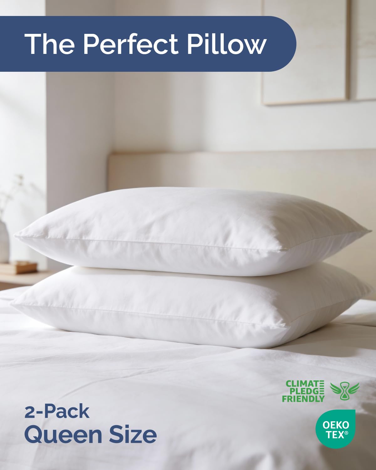 CGK Linens Ultra Thin Flat Pillows for Sleeping - Queen Size Pillows Set of 2 - Soft, Cozy Down Alternative Bed Pillows for Back & Stomach Sleepers - Low Density, Low Loft Support - 20" x 30" - White