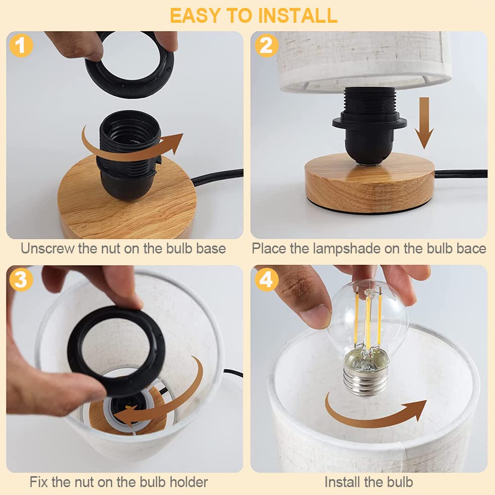 Small Bedside Table Lamp for Bedroom, Minimalist Wood Base & Round Fabric Shade, Mini Cute Cozy Warm White Nightstand Boho Lamp, Study Desk Night Stand Light for Room, Dorm, Nursery, Living Room