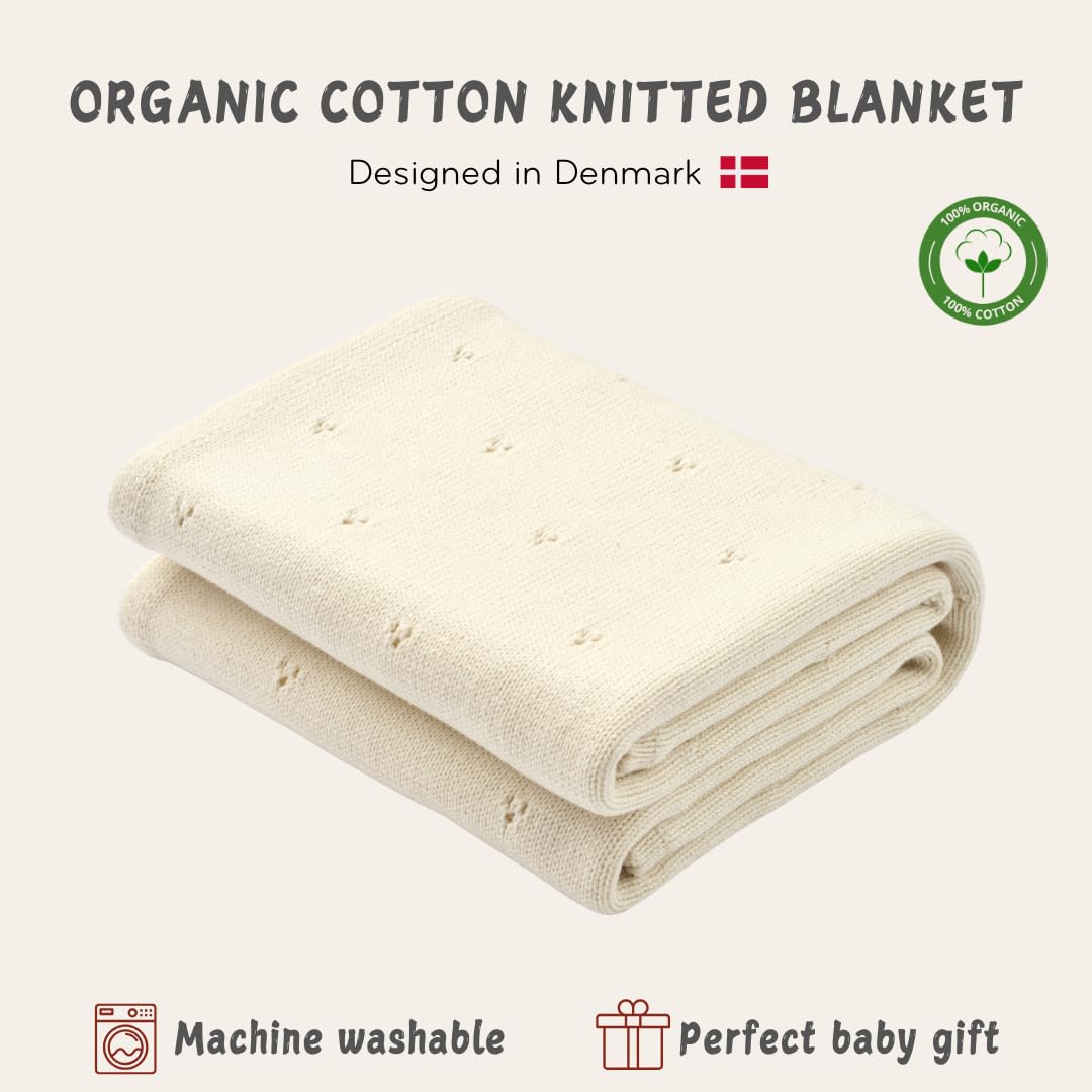 Huxie 100% Organic Cotton Knit Receiving Baby Boy Blanket for Newborns - Soft, Breathable Blanket for Crib & Stroller - Nursery Gift (Ivory)
