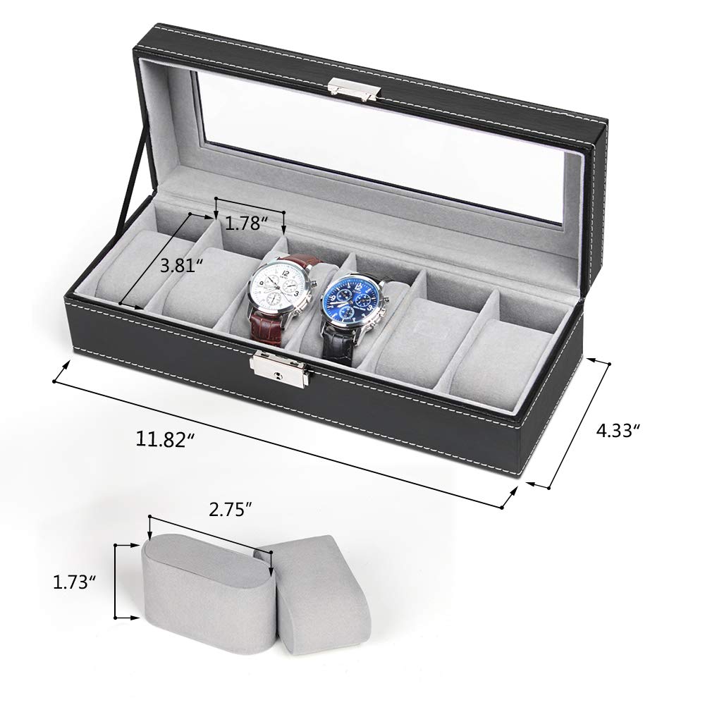NEX 6 Slots Watch Box Organizer for Men, Black Watch Holder Stand Display Storage Case