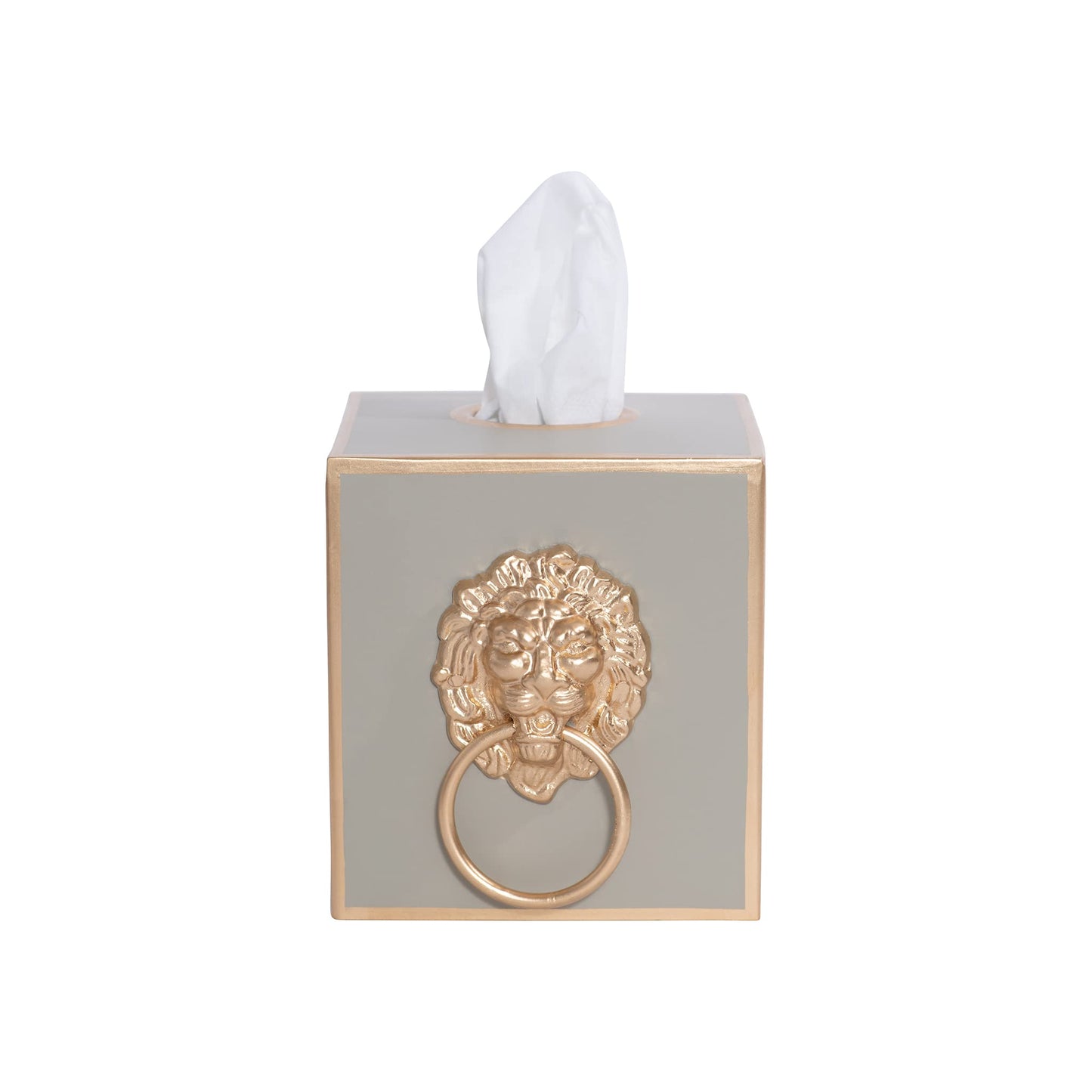 Jaye’s Studio Decorative Square Tissue Box Cover for Bathroom & Home, Premium Cube Tissue Box Holder, Gold Trim & Accents, Paws & Claws Lion’s Head Detail, Luxury Handmade Metal Decor (6x5x5, Taupe)