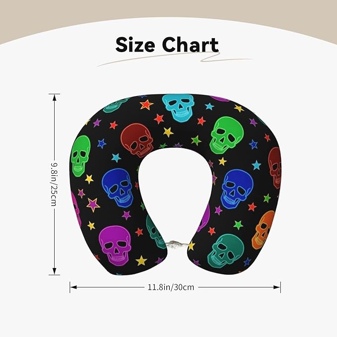 Travel Pillow for Boys and Girls, Comfortable Neck Chin Head Support Cushion Neon Gothic Skull, Comfortable for Airplanes Car Sleeping Rest