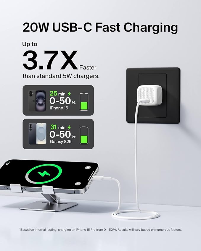 Belkin USB C Charger Block 20W (2 Pack) - USB C Cable Included - Fast Charging Block, Type C Wall Charger - Apple iPhone 17, Air, Pro, Samsung Galaxy S25, Google Pixel 10, iPad, AirPods, etc - White