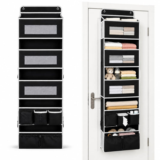 1 Pack Over The Door Organizer Storage, Hanging Organizer Closet with 5 Large Pockets 6 Mesh Pockets, 50 lbs Weight Capacity, Behind Door Storage for Closet Nursery Bedroom Bathroom (Black)