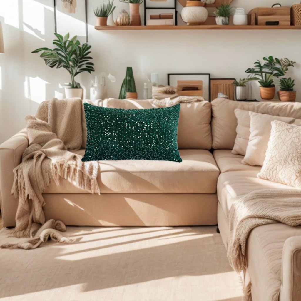 ShinyBeauty Green Velvet Pillow Covers 12X20-Inch Set of 2 Sequin Emerald Green Pillows Cover, Soft Decorative Cushion Cover, Rectangle Pillow Case for Sofa, Couch, Living Room Decor