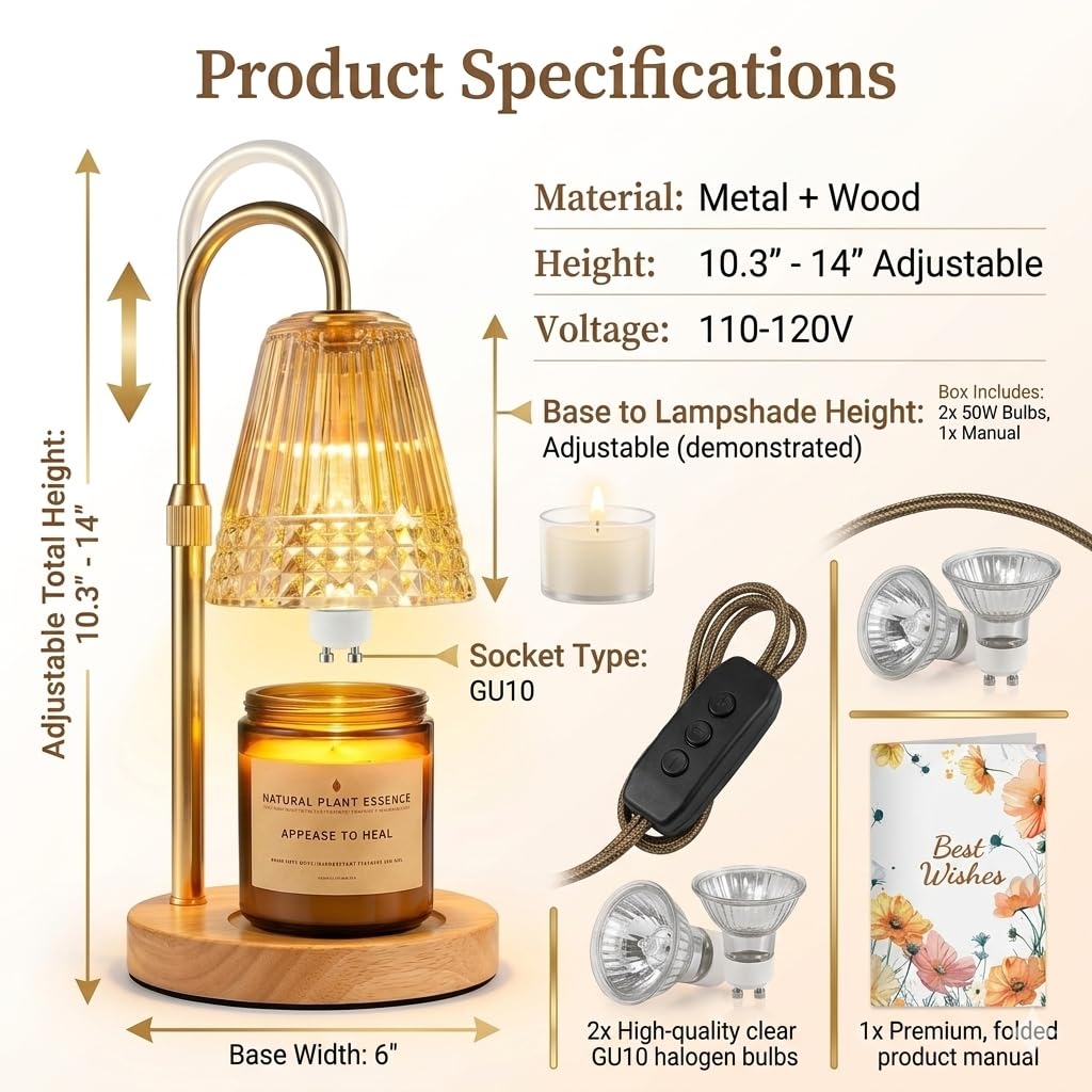 Candle Warmer Lamp with Timer Dimmable, Height Ajustable Candle Lamp Warmer for Jar Candles, Gold Electric Lamp Candle Warmer with 2 Bulbs, Gifts for Christmas, Birthday, Women and Mom