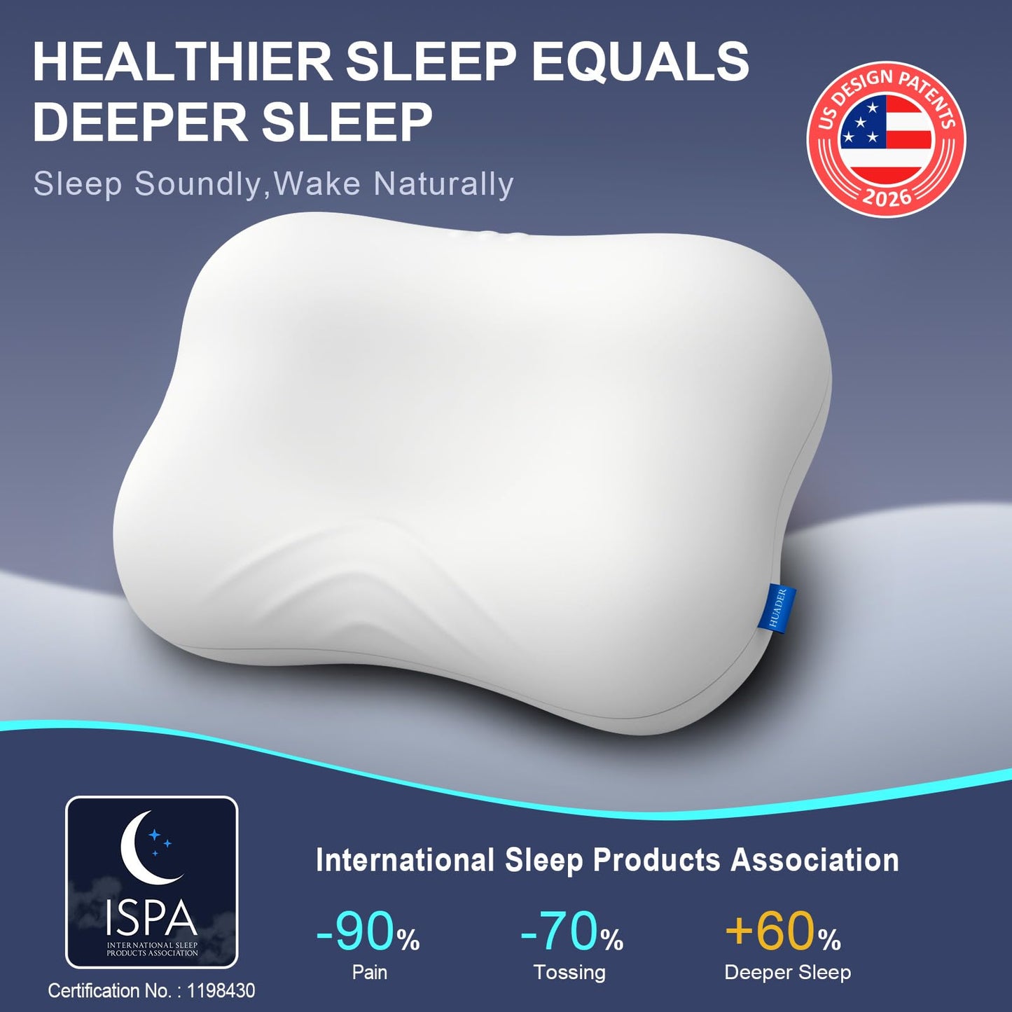 HUADER Cervical Pillows for Neck Pain Relief, Cooling Memory Foam Hypoallergenic Pillow for Side, Back & Stomach Sleepers – Ergonomic Neck Support, for Men & Women, CertiPUR-US & Oeko-TEX