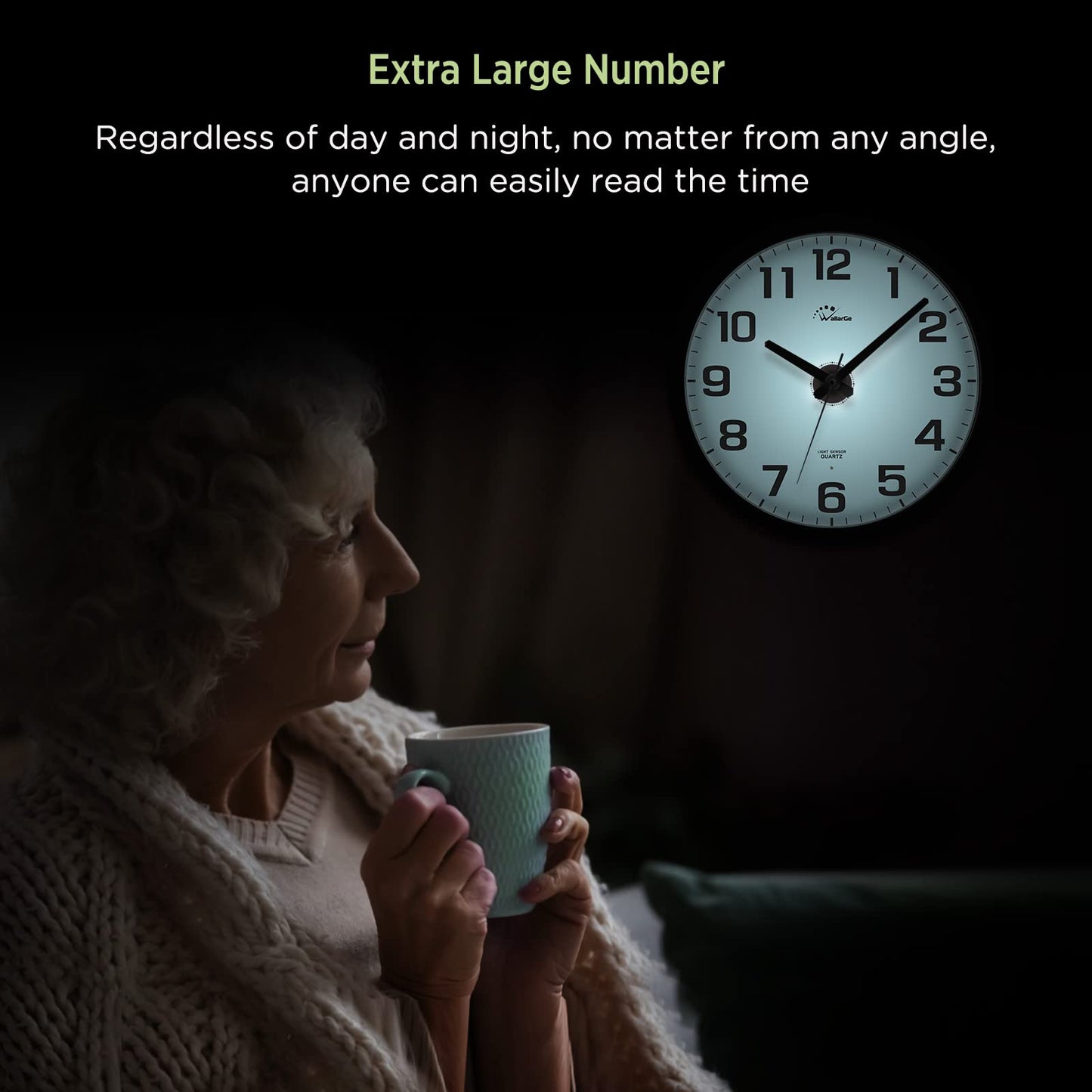 WallarGe Night Light Wall Clock for Bedroom - Silent Lighted up Wall Clock Glow in the Dark, Battery Operated Wall Clocks for Living Room/Kitchen, Easy to Read Large Digital Display, 12 Inch
