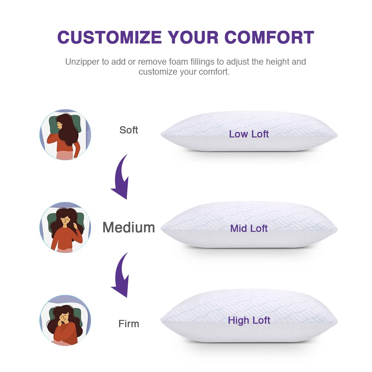 WISHSMILE King Size Shredded Memory Foam Pillows, Cooling King Pillows 2 Pack, Adjustable Height Firm Support, Double-Sided Polyester & Ice Silk Cover, Washable Bed Pillows for Home, King 20×36 Inch