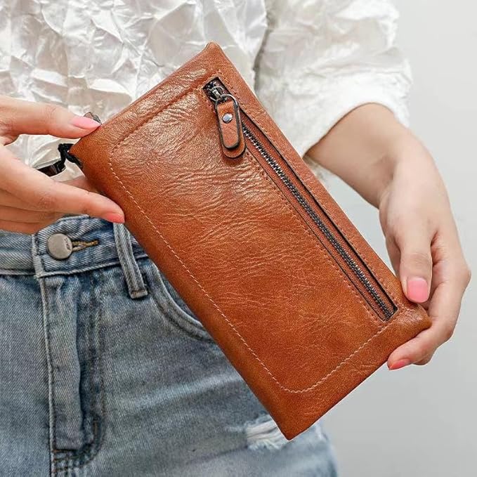 Vyrnox Genuine Leather Women's Long Vintage Zipper Money Clip Clutch Bag with RFID Blocking Coin Purse for Women Including Gift Box (Pink)