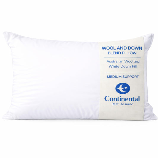Continental Bedding Wool and Down Blend Pillow Medium Support Australian Wool and White Down Fill 300 Thread Count 100% Cotton Cover White