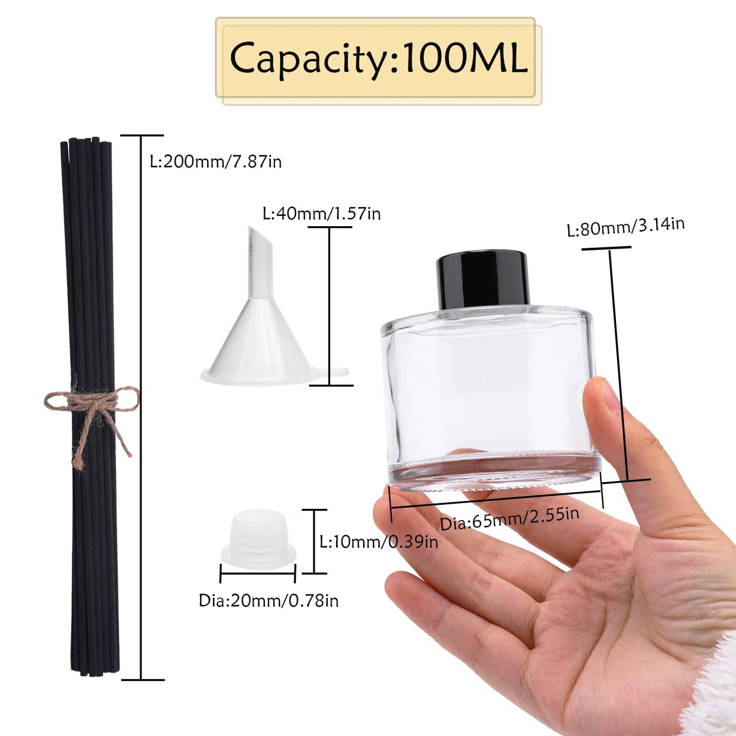 Agidea 4PCS Fragrance Glass Diffuser Bottles, Refillable Diffuser Bottles with 20pcs Reeds Sticks & Black Caps & Funnel, Diffuser Jars for Home Oil Fragrance Decoration Girl Women Gift (100ML)