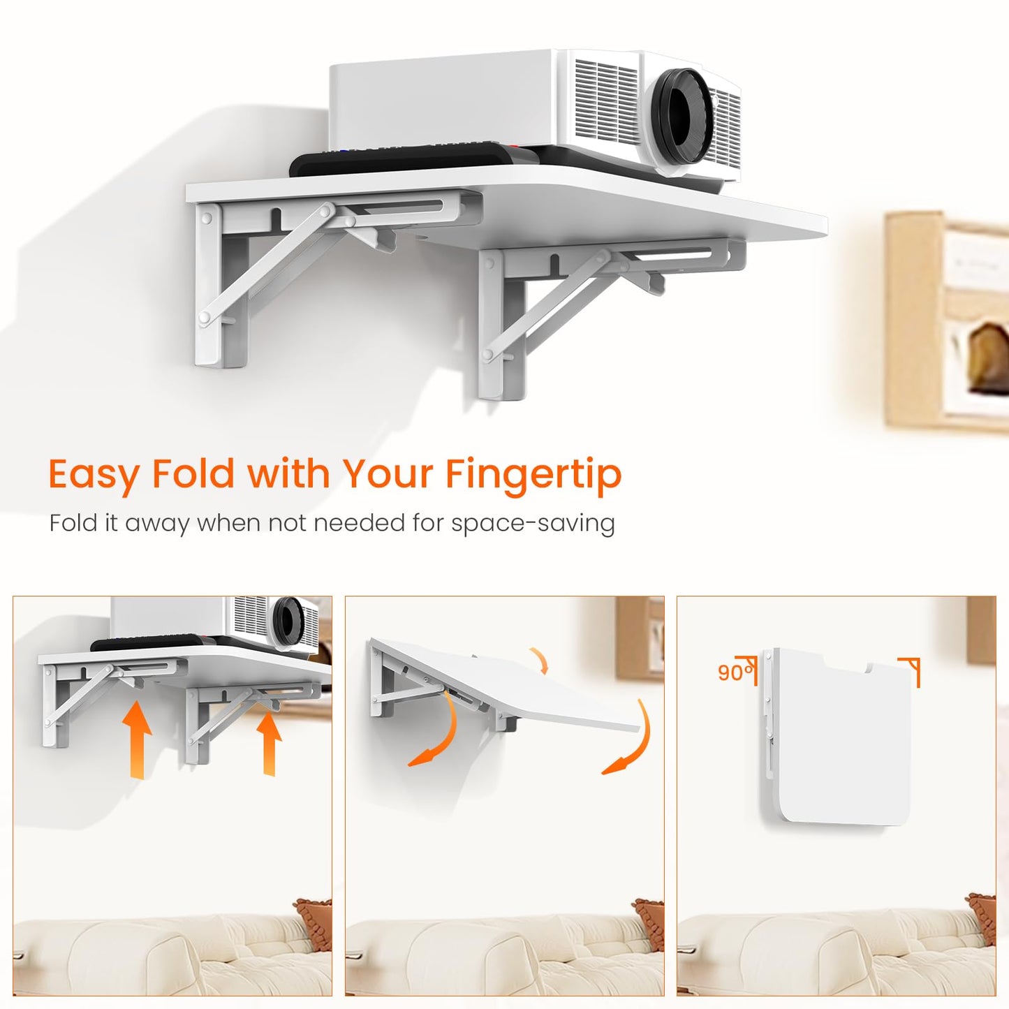 Homode Projector Shelf for Wall, Wood Folding Wall Mount Shelf, Holds Up to 30lbs, Floating Entertainment Shelves for DVD Players, Cable Boxes, Game Consoles, Living Room Decor Accessories, White