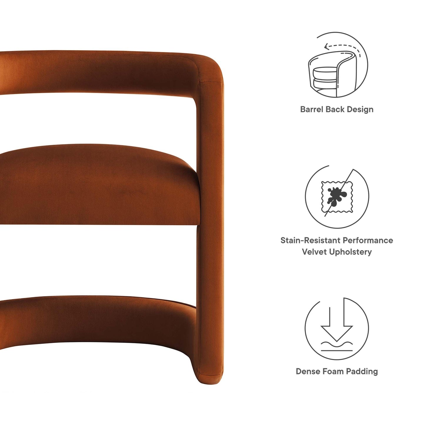 Modway Winslow Stain-Resistant Performance Velvet Dining Chair in Rust - Open Back Barrel Armchair - Upholstered Dining Chair - Cozy Reading Chair or Velvet Vanity Chair