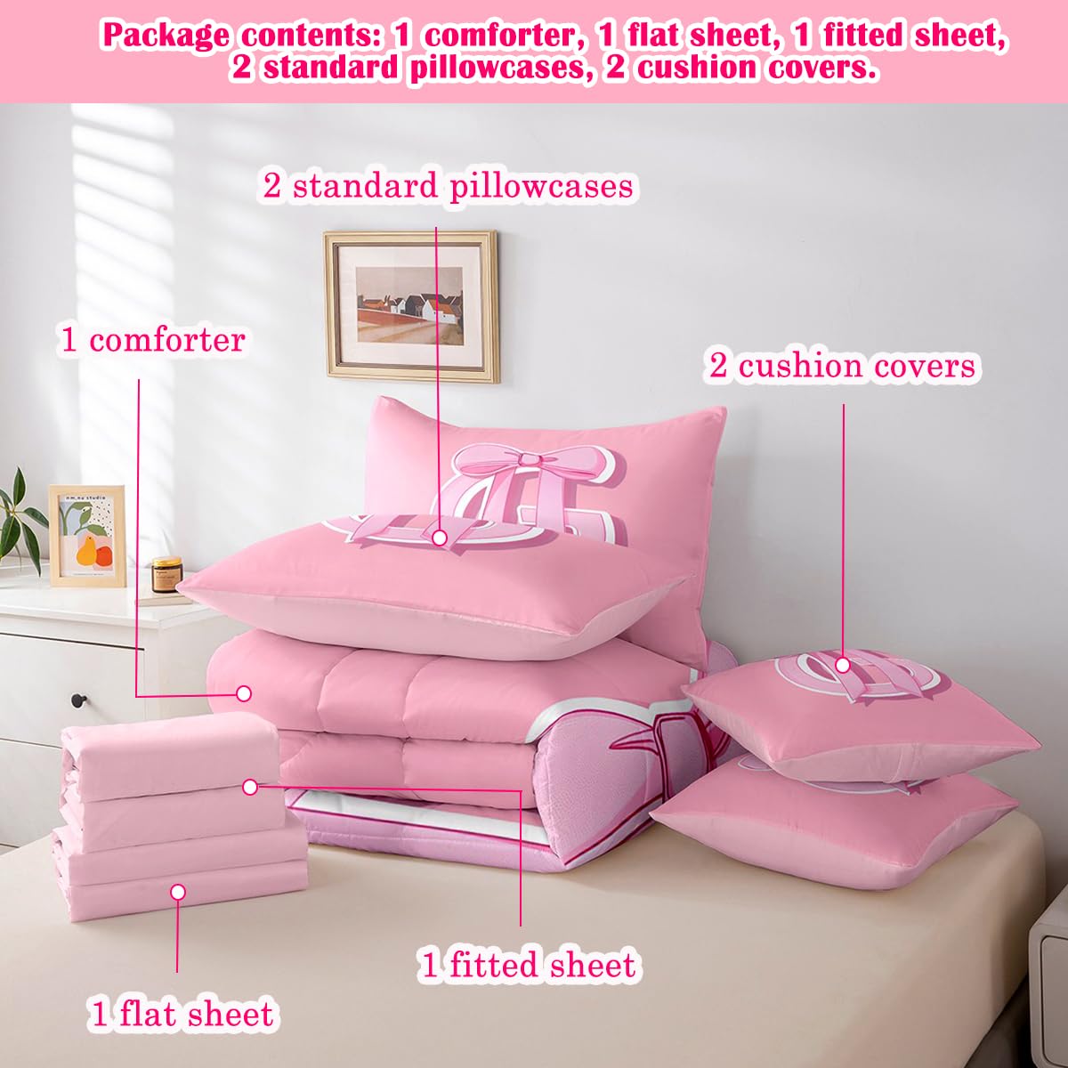jejeloiu Dreamy Bow Bed Set, Queen Size, Decor Gifts for Women Teen Girl Ultra Soft Initial Letter G 7 Pieces Beeding Set, Monogrammed Bed in a Bag with Comforter, Sheets, Pillowcases Kawaii Pink