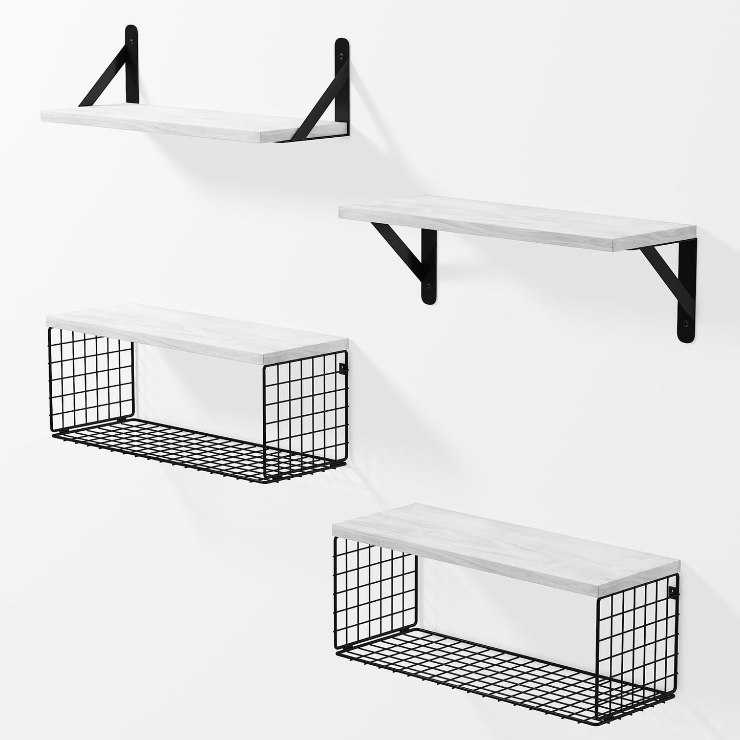 Aiyome Wall Floating Shelves, Wall Mounted Shelf Set of 4, with Metal Baskets, Rustic Décor Style, Shelf for Bathroom, Kitchen, Bedroom, Storage, Living Room - (White)