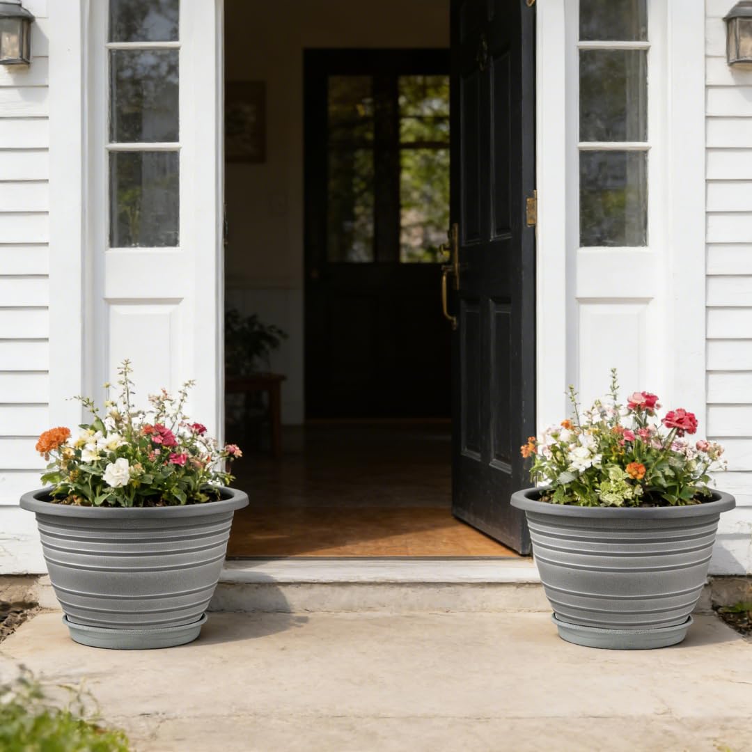 KPUVX Large-Planter-Indoor-Outdoor Plant Pots, 12 inch 3 Pack Plastic Flower Pots with Saucer and Drainage Holes, Retro Antique Imitation Decorative Garden Containers Sets for Houseplant