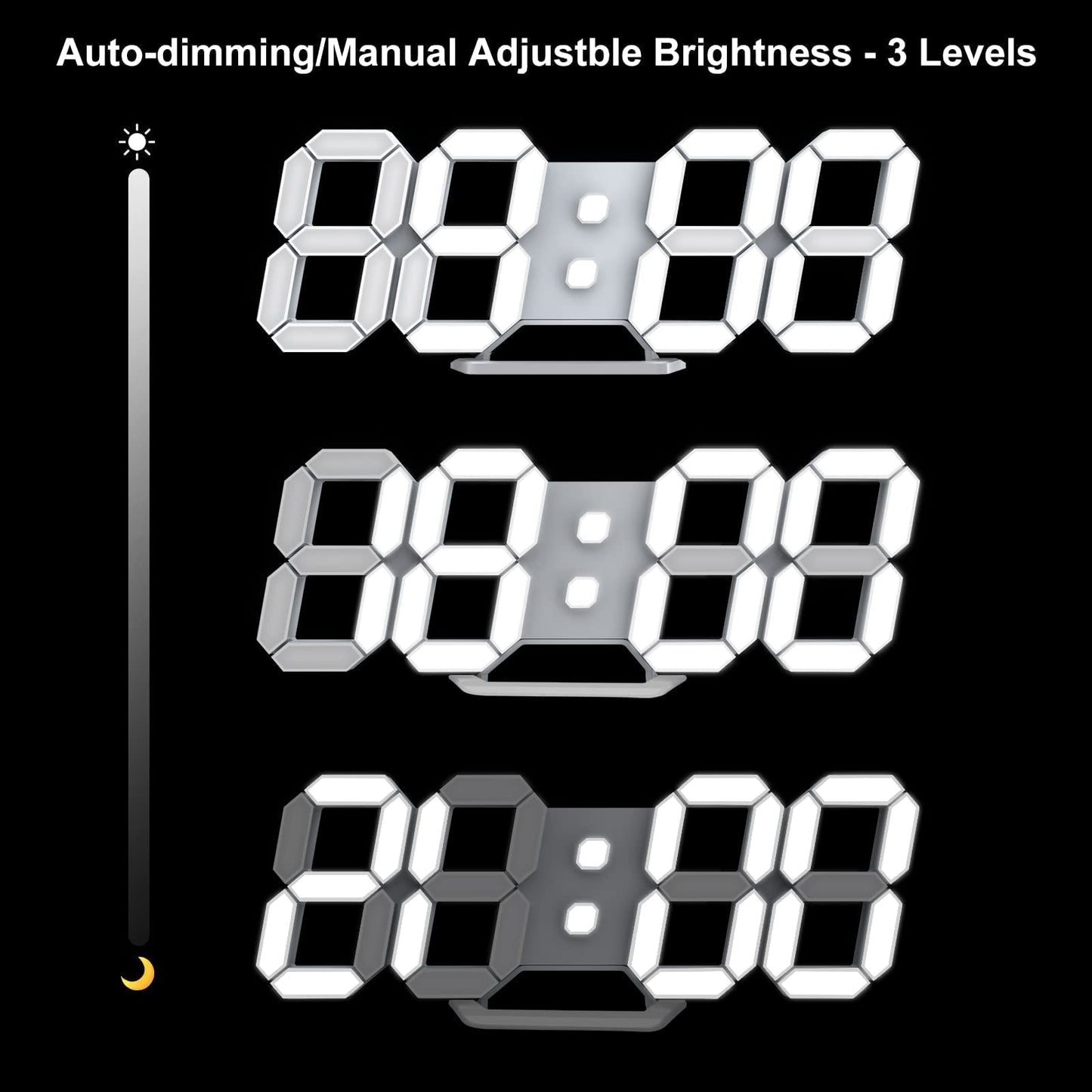 Deeyaple LED Clock, 3D Digital Wall & Desk Alarm Clock with Snooze, Dimmable Display, Time Memory, 12/24H Date & Temperature, Remote Control Night Light for Bedroom, Office, Kitchen, Home (White)