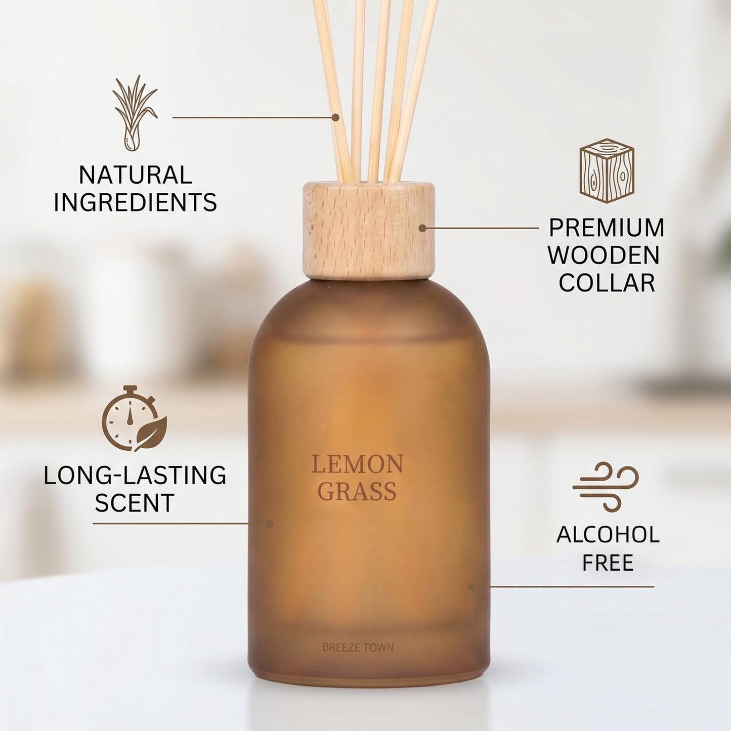Fragrantseason Reed Diffuser Set 6.7 oz Scented Oil Diffuser with 6 Fiber Sticks, Long Lasting Home Fragrance for Bathroom Shelf Decor, Living Room, Office Aromatherapy Gift 01 (Lemon Grass)