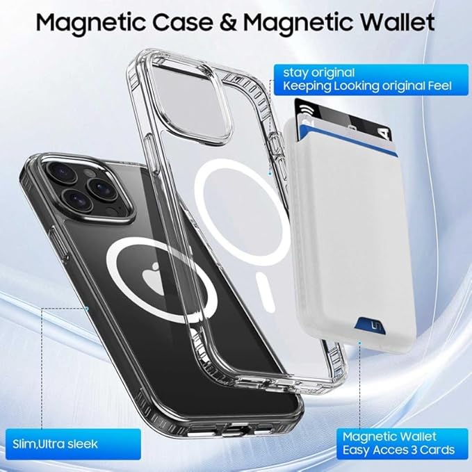 Ntwinro Magnetic for iPhone 14 Pro Clear Case (Compatible with MagSafe) with White Detachable Wallet & Card Holder for 3 Cards [RFID Blocking] Military Grade Protective Slim Phone Cover