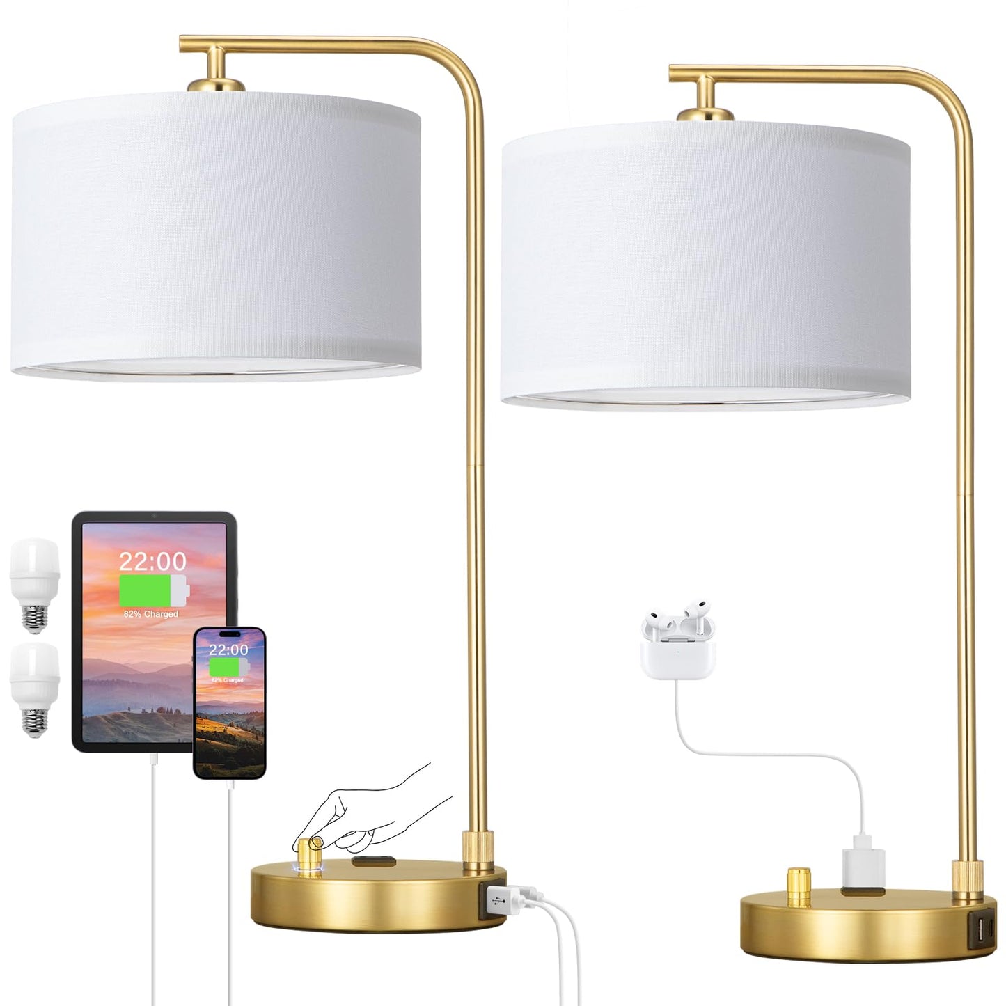 Innqoo Bedside Table Lamps for Bedroom Set of 2-Dimmable Nightstand Lamps with USB Port and Outlet,Modern Gold Lamps with Linen Shade,Tall Desk Lamps for Home Office Bedroom Living Room End Table