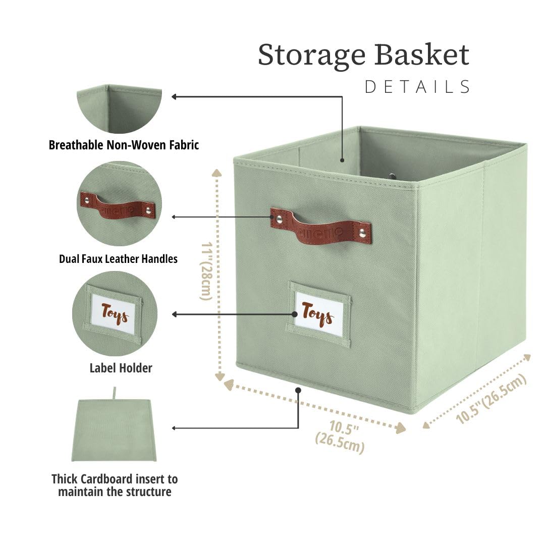 DECOMOMO Storage Bins, Cube Storage Bin with Labels, Fabric Storage Cubes for Shelves (10.5" x 11" / 6pcs, Sage Green)