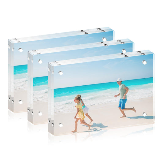 Fisnish 5x7 Acrylic Picture Frame Set of 3, 20mm Thick, Double-Sided Transparent Magnetic Frameless Photo Frame, Desktop Freestanding Display for Office or Home Decor