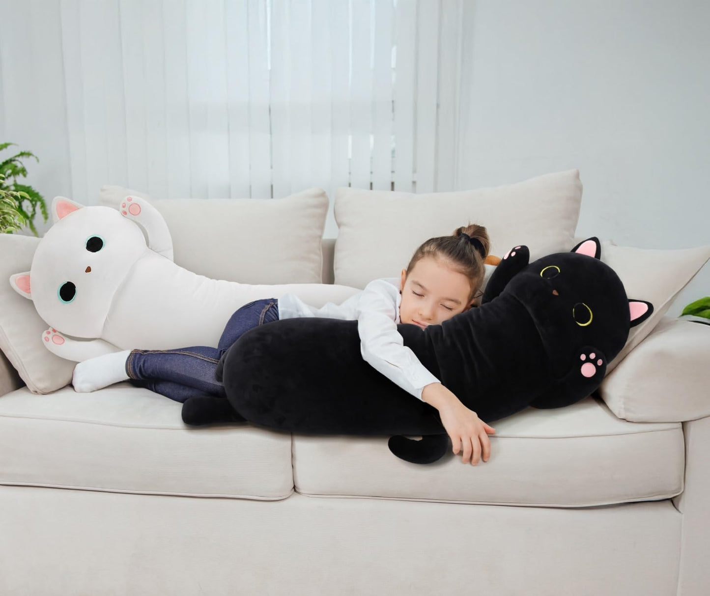 MaoGoLan 44'' Cat Plush Body Pillow, Giant Glow in The Dark Cat Stuffed Animal Pillow for Girl Boy Kid, Long Cute Kitty Plush Pillow for Birthday Gift, Baby Shower Party Decor, White