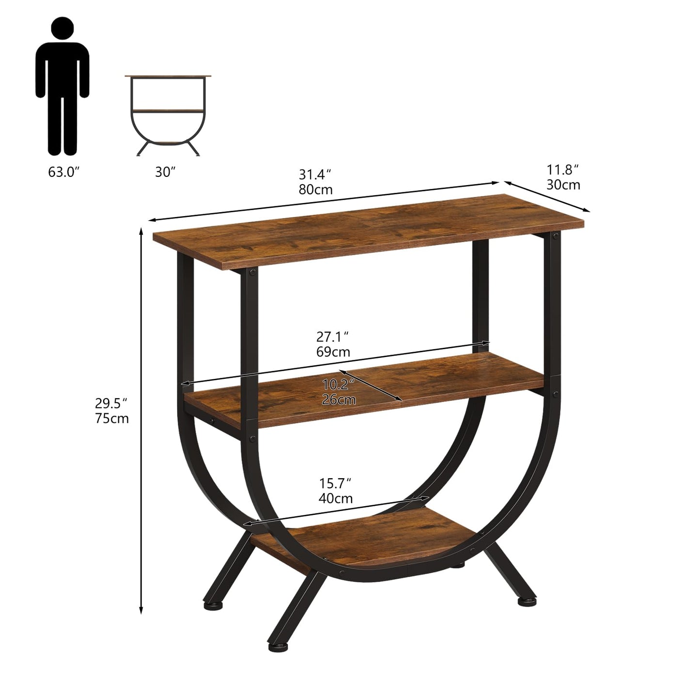 Trironsun 3 Tier Console Table with Storage 30" Height Entryway Table with Open Shelves Industrial Sofa Table Behind Couch for Living Room Hallway Entrance (Rustic Brown)
