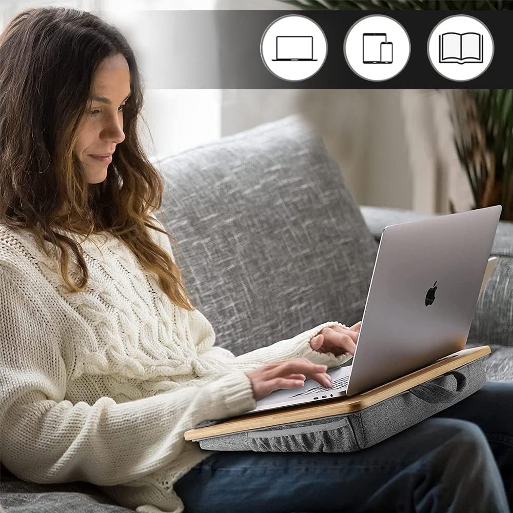 Adjustable Bamboo Lap Desk with Cushion - 5 Tilting Angles Ergonomic Laptop Bed Tray for Computers 15 inches or Less, Phone & Tablet Holder Slot, Dual Bolster for Comfort on Couch, Bed, Sofa & Car