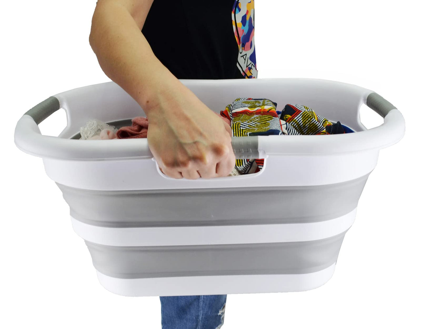 SAMMART 30L (7.9 gallon) Collapsible Plastic Laundry Basket - Foldable Pop Up Storage Container/Organizer - Portable Washing Tub - Space Saving Hamper/Basket (White/Grey (Set of 2))