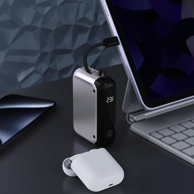 10000mAh Power Bank with 30W Fast Charging - Ultra Compact Portable Charger for iPhone, Samsung, Laptop, & More - Built-in USB-C Cable & PD Port (Gray)