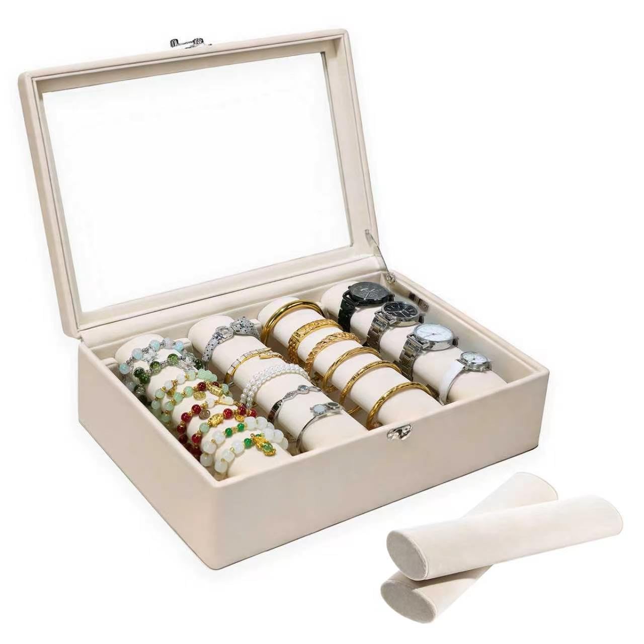 OrizeGe Jewelry Box with Glass Lid Bracelet Holder PU Leather for 4 Horizontal Rods Beige Velvet Watch Case for Women