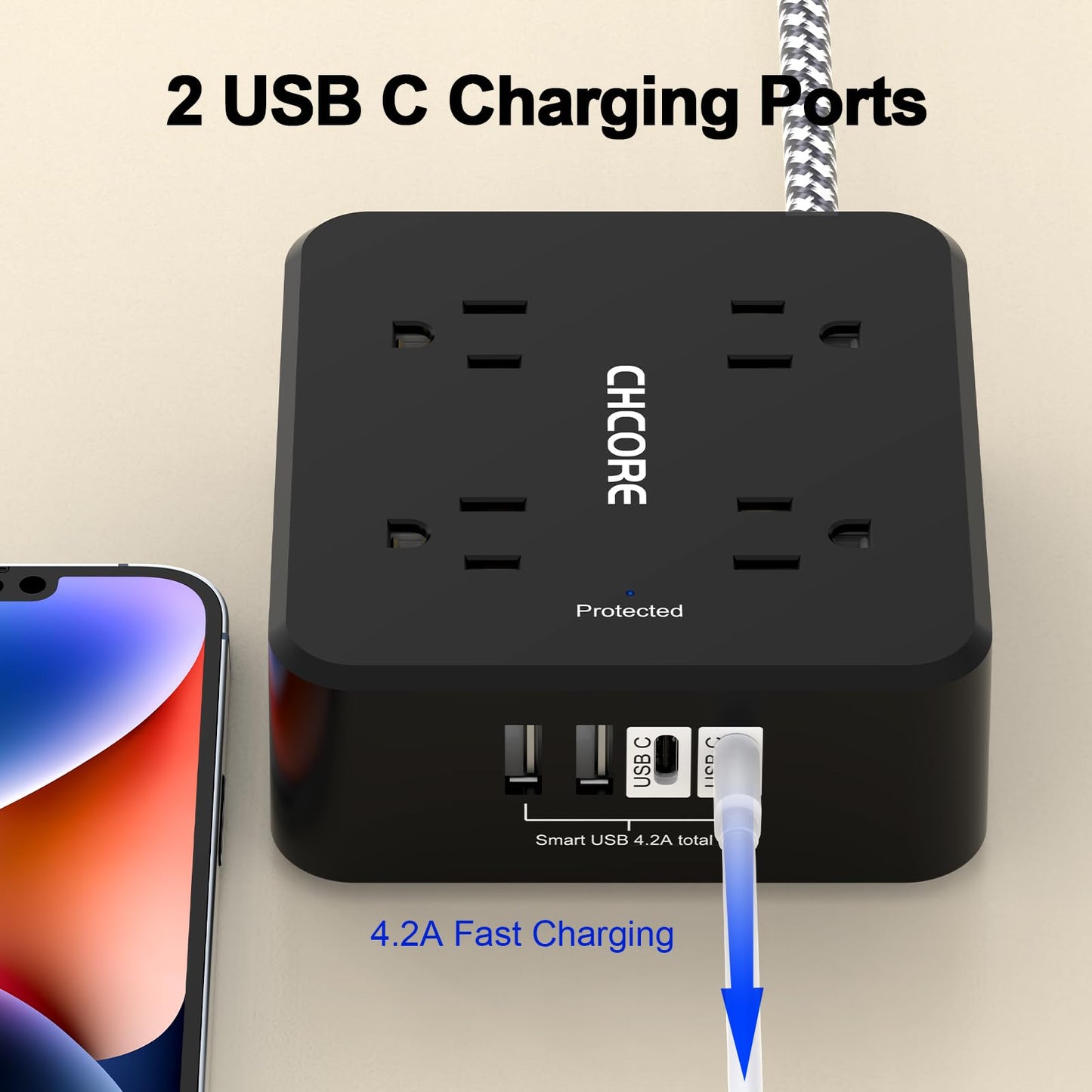 Surge Protector Power Strip - CHCORE 10Ft Braided Extension Cord with 8 Outlets with 4 USB (2 USB C) Charging Ports, Flat Plug Multi Plug Outlet Extender Charging Station for Home Office, ETL, Black