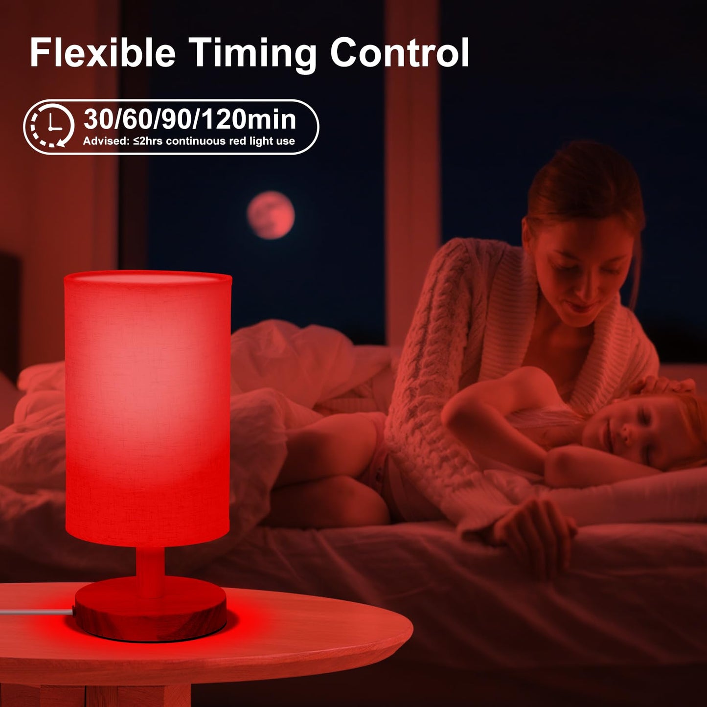 Red Light Lamp for Bedroom, Nightstand Lamp with 670nm Red & 3000-6500K White Light, Remote Control, Timer, Night Light, Dimmable LED Bedside Table Lamp with Memory Function, Wood Base & Fabric Shade