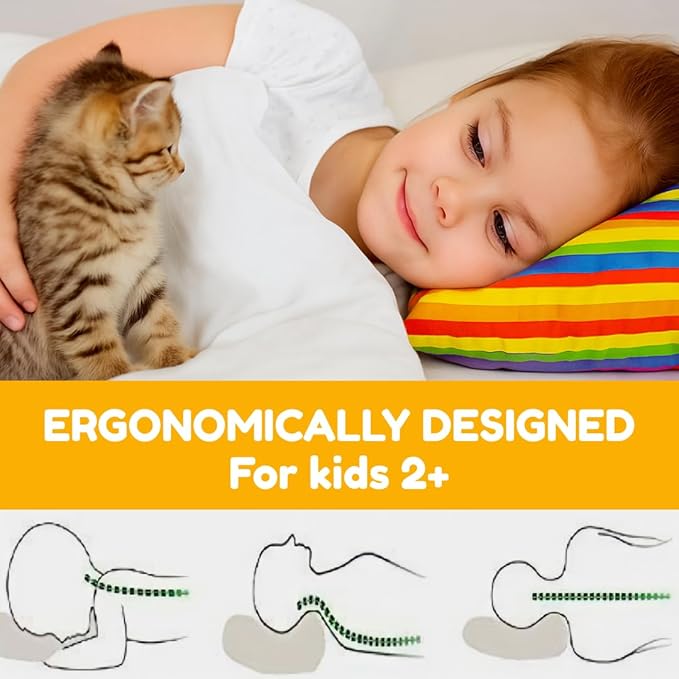 kinder Fluff Children Pillow (2Pk) 14x20in – Junior Pillows for Kids Age 4+, Bright Rainbow Design, 100% Cotton Sateen Stripe 300T, Down Alternative Fill, Machine Washable, Colourful Kids Cushion - M