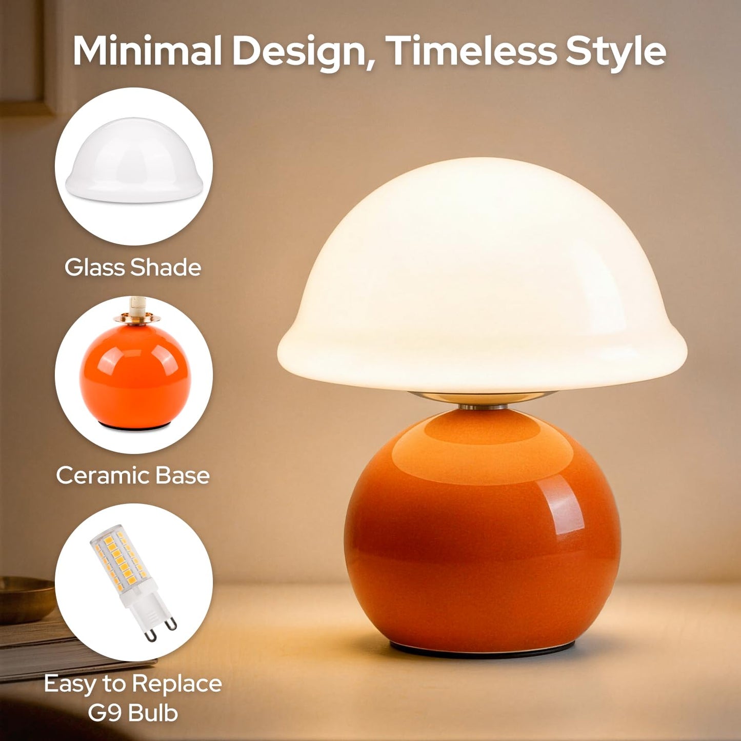 Komothala Mushroom Table Lamp for Bedroom, Cozy Bedside Lamp with Glass Shade, Stepless Dimmable Nightstand Lamp for Relaxing Bedroom Decor & Aesthetic Home (Orange)
