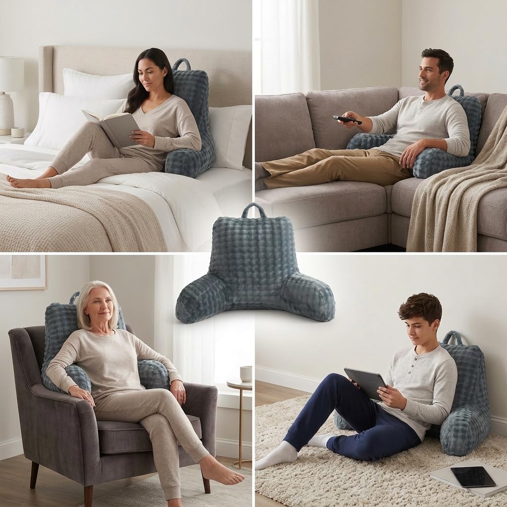 UGEYAO Reading Pillows for Sitting in Bed Kids/Teens/Adults, Velvet Back Pillow Bed Sitting Up, Back-Rest Support Cushion for Sit Up on Couch, Sofa, and Floor, Dorm Essentials (Grey, Standard)