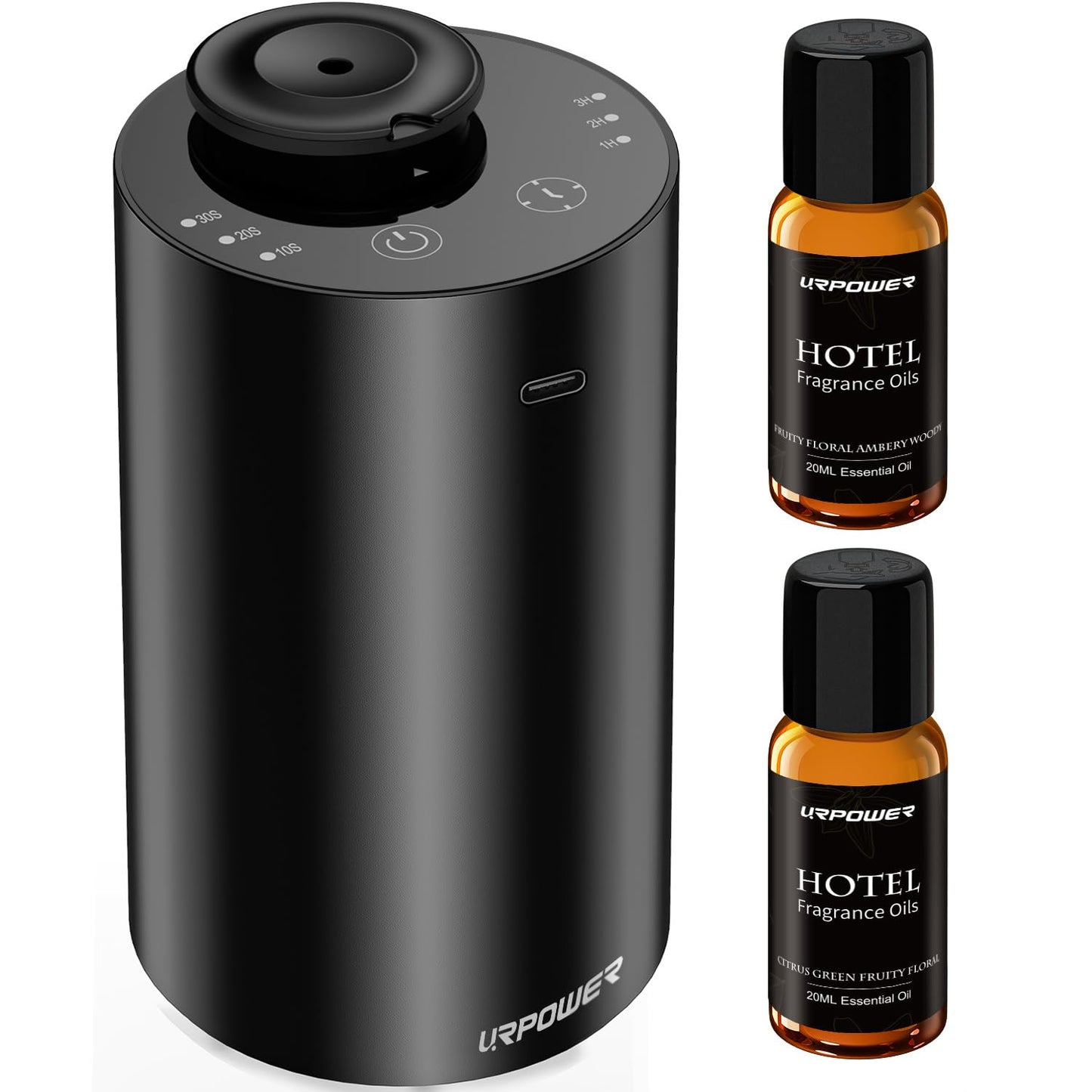 URPOWER Waterless Essential Oil Diffuser: No Water Needed Battery Operated Scent Diffuser - 2 * 20ML Hotel Fragrance Essential Oils - Cordless & Mini Oil Machine Aluminum for Car Home Office(Black)