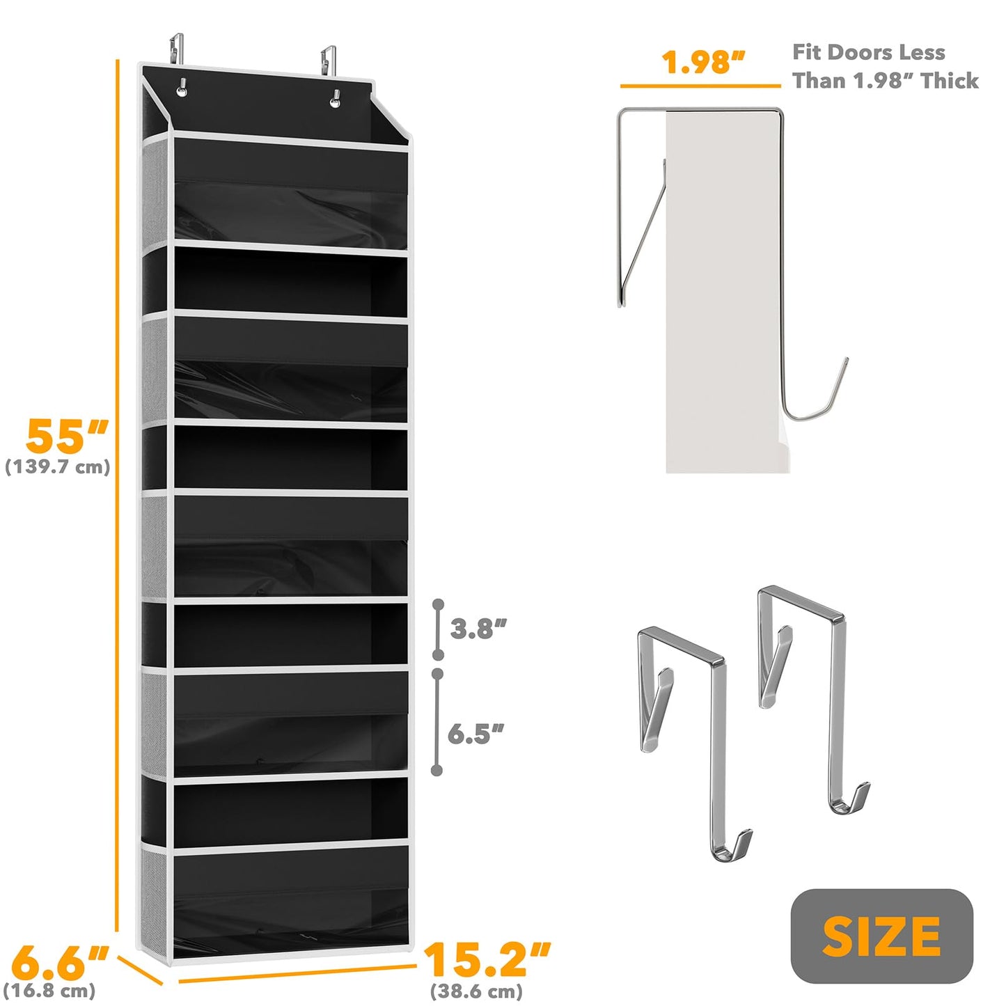 SpaceAid 1 Pack Over The Door Organizer with 5 Large Pockets and 10 Mesh Side Pockets, 5 Layers Door Organizer Hanging with Clear Window for Bedroom, Bathroom, Pantry and Nursery, Black