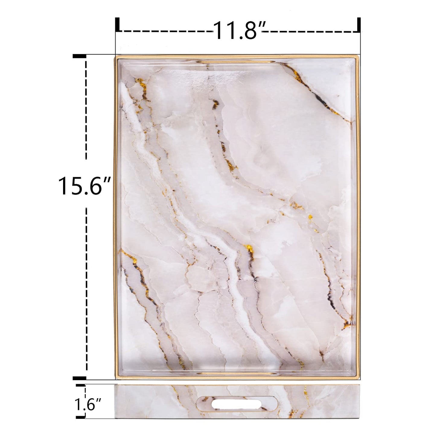 MAONAME Plastic Decorative Tray, Marbling Tray with Handles, Rectangular Coffee Table Trays, Serving Trays for Ottoman, Bathroom, Kitchen, 15.7” x 11.8”, White