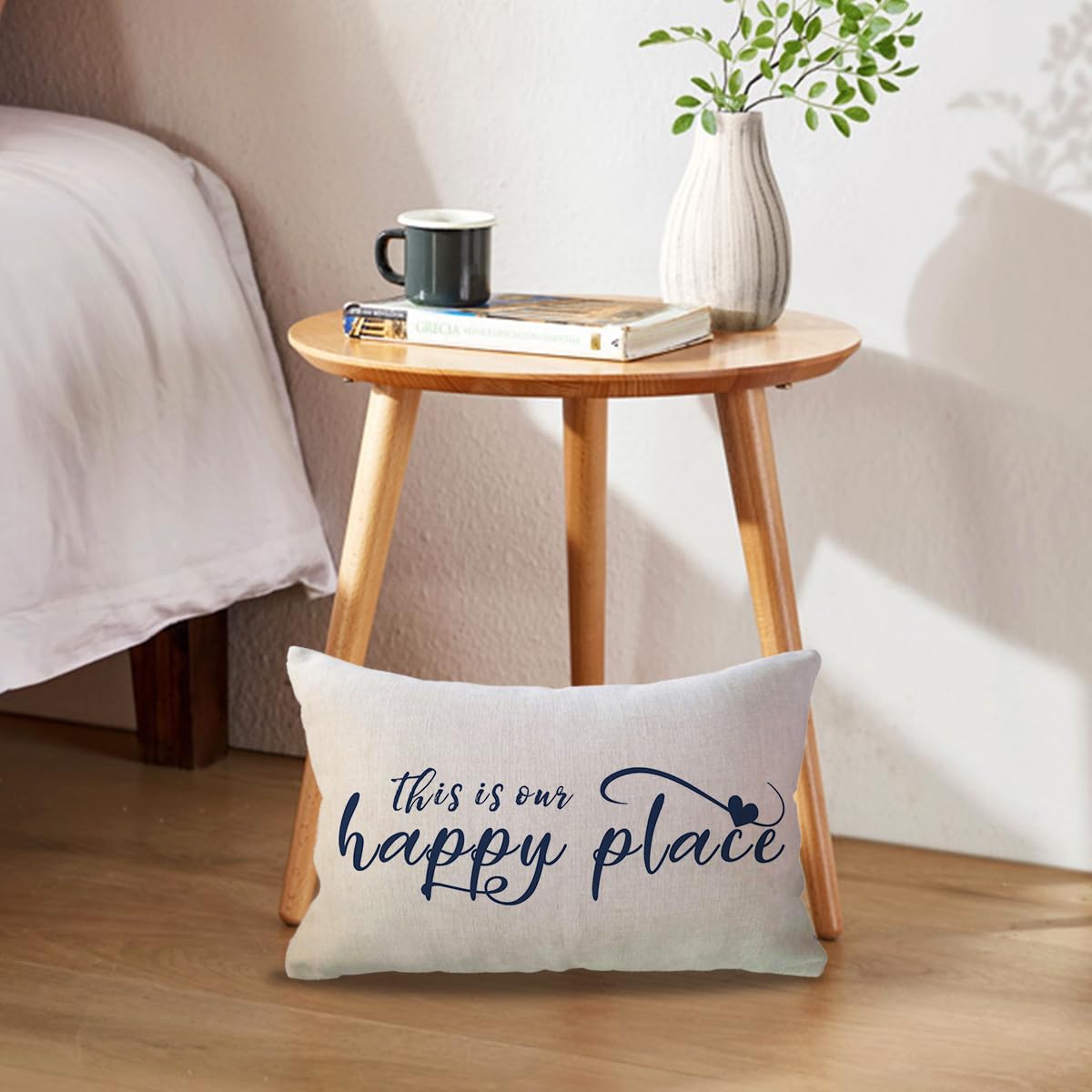 ULOVE LOVE YOURSELF Home Saying Throw Pillow Covers with Our Happy Place Quote Rustic Farmhouse Decor Lumbar Pillow Cases 12" x 20",2Pack Housewarming Gifts for Sofa/Couch/Porch (Blue)