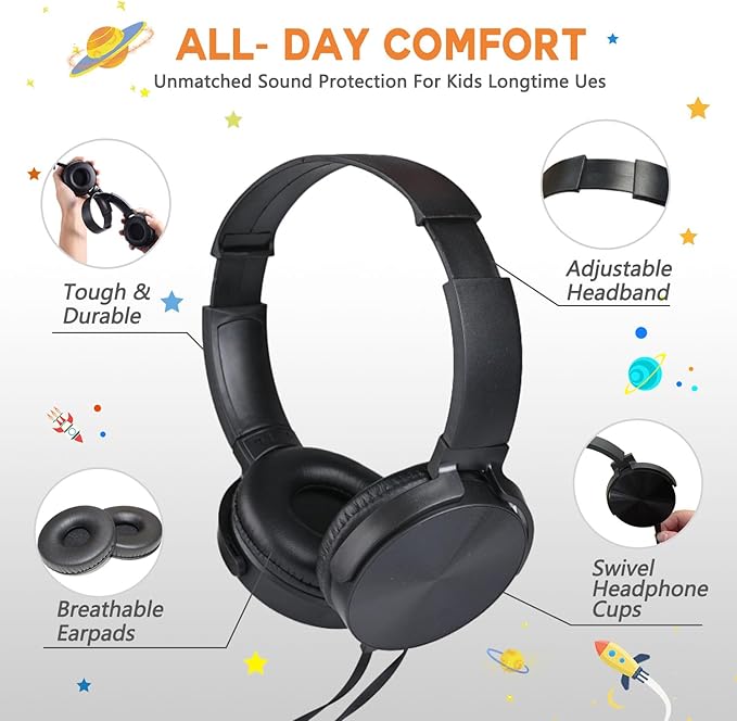 Bulk Headphones 12 Pack for School Classroom Kids, Wholeslae Wired Durable Earphones Class Set for Students Children Toddler Teens Boys Girls and Adult (HY450, 12 Black)