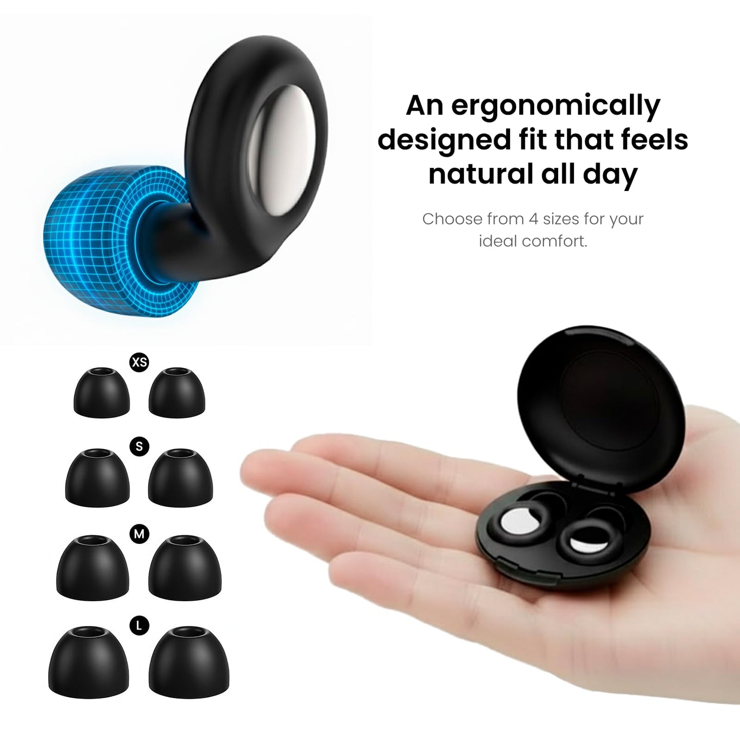 Ear Plugs for Sleeping Noise Cancelling 28dB - Reusable Silicone Earplugs for Sleep, Concert, Work, Study, Travel | 4 Sizes, Comfortable Side Sleepers | Cleaning Tool & Case - HEION Aura